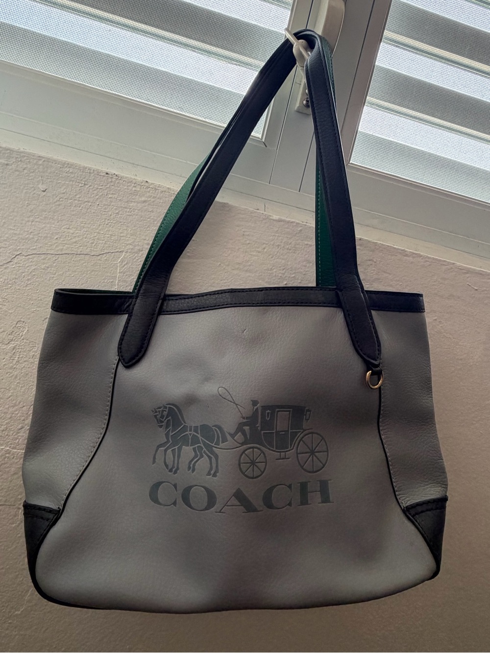 Coach Gray Tote with Black Trim and Green-Accented Straps